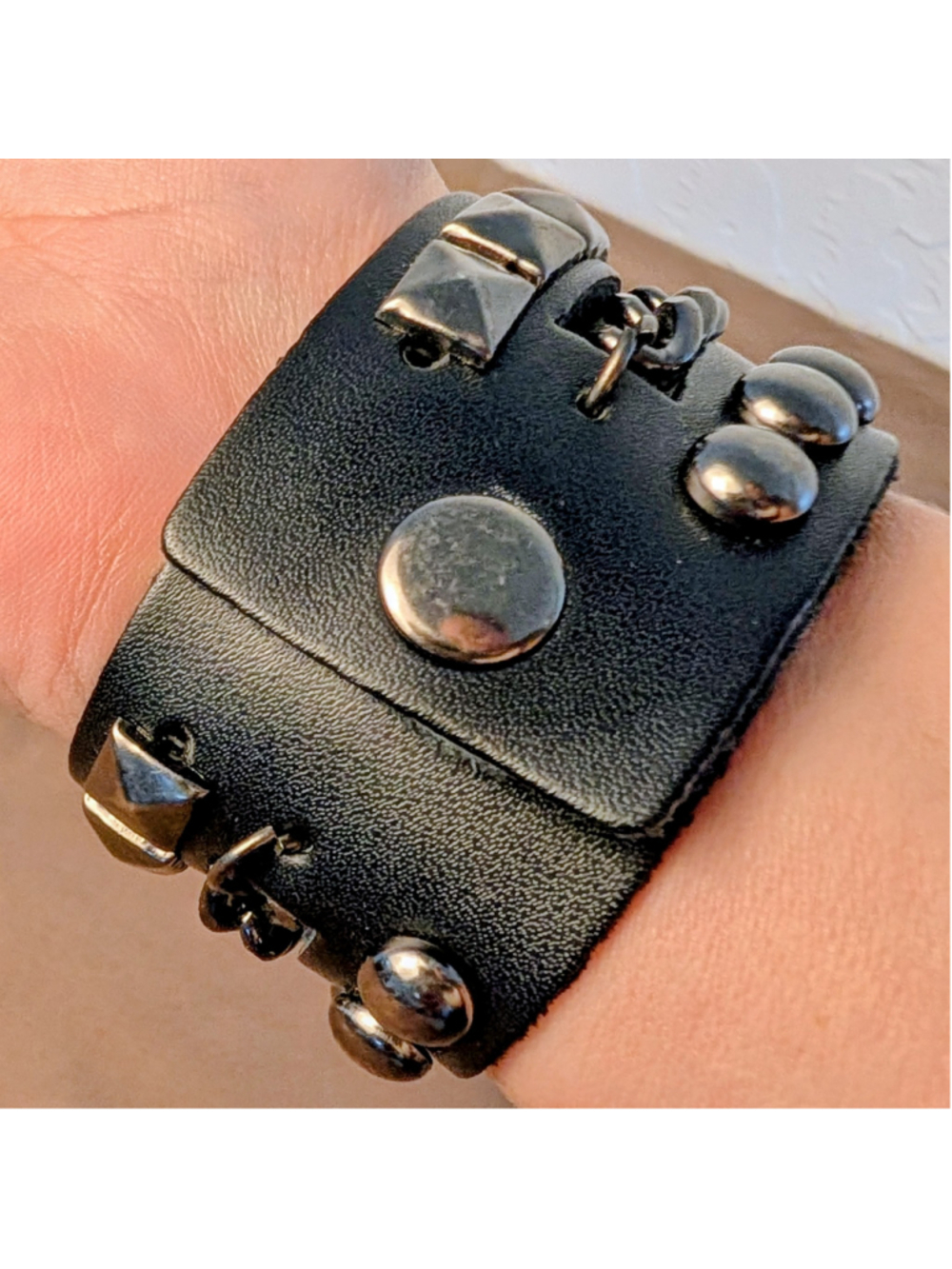 Black Studded Chain Cuff Bracelet Punk Goth Biker Faux Leather Adjustable Snap - Picture 2 of 7